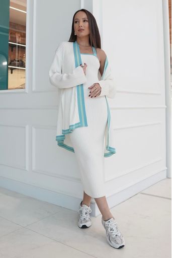 Amanda Capellani Vestido Flavia Off White e Azul Mergulho